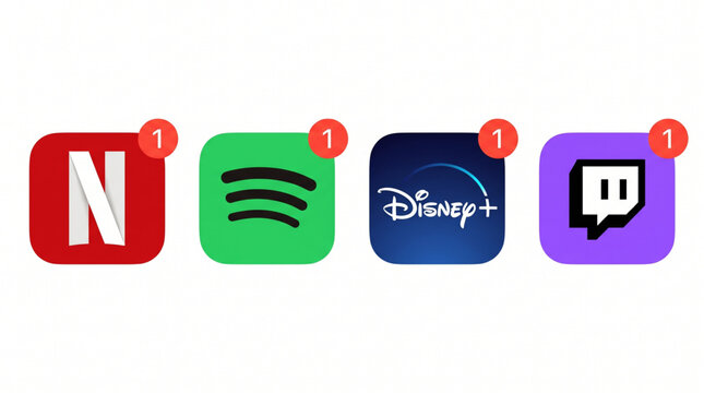 Popular Entertainment App Icons Set - Netflix, Spotify, Disney Plus, and Twitch Logo Collection with Notification Badges. Streaming Service UI Elements for Mobile App Interface and Web Design Tool.