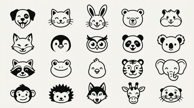 Collection of Cute Cartoon Animal Faces Hand Drawn Style.