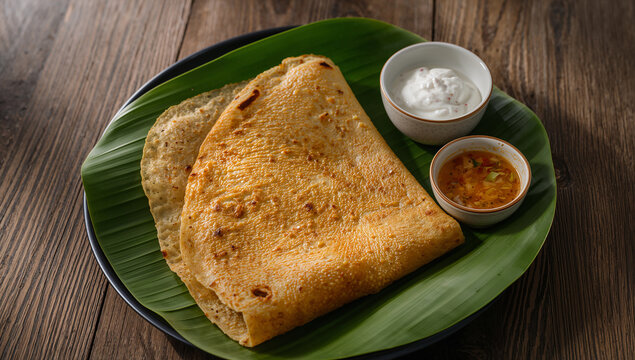 Traditional roti canai flatbread with curry sauce and yogurt dip on banana leaf