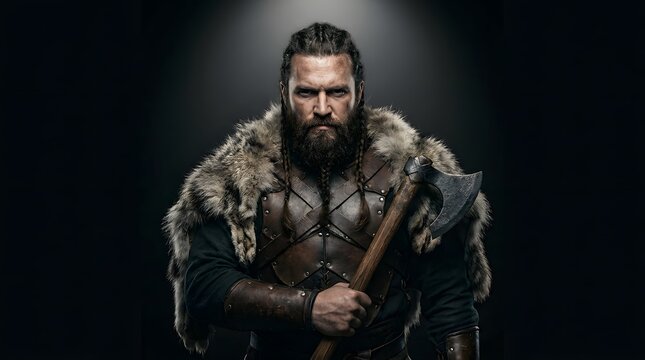 Viking man. Bearded Norse warrior portrait with leather armor and fur cape