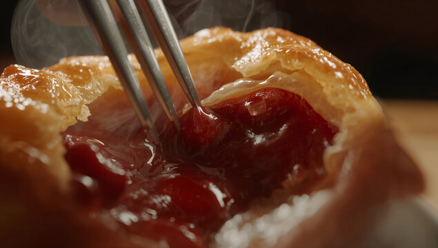Close-up of a warm cherry pie with a fork breaking into the pastry crust revealing thick fruit filling with baked goods with snack time with homemade food with pastry shop with dessert time
