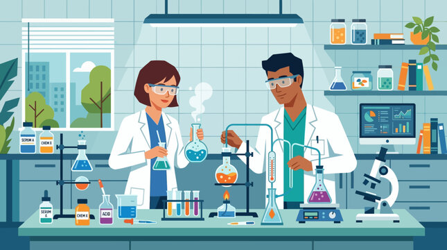 Scientists in lab coat conducting experiments, working illustration