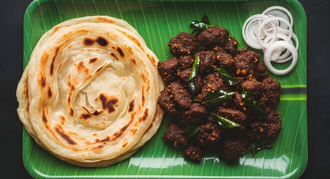 Indian parotta and meat curry served on a green banana leaf platter