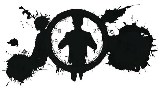 Businessman silhouette standing inside a circular clock face surrounded by abstract ink splashes representing the pressure of time management and professional deadlines in a corporate environment.