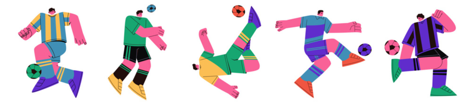 Retro flat vector illustration of soccer football players in dynamic action poses. collection for sports tournament promotional flyer, championship poster, soccer club jersey merchandise, web graphic
