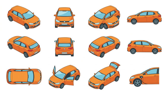 Collection of Orange Hatchback Cars in Various Isometric Views.