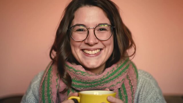 Young caucasian woman in grey sweater, patterned scarf & glasses holds yellow mug, subtle to beaming smile on pastel pink background, soft bokeh. Heartfelt cheer concept
