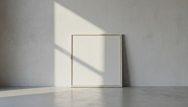 Blank square canvas art mockup leaning on concrete wall with sunlight shadow. Minimalist interior design, empty frame template for artwork, photo, print, poster presentation