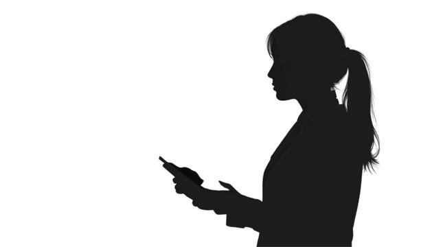 Businesswoman silhouette holds a mobile device while checking digital communications or reading important company reports to maintain productivity throughout the busy workday in a professional.