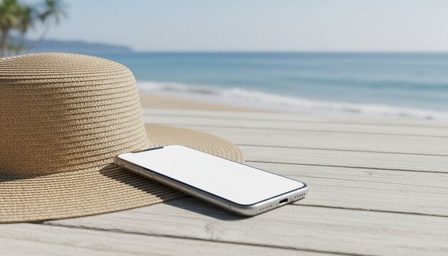 Close up of phone and hat on wooden beach terrace background with mockup tech display