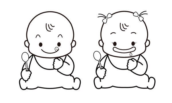 可愛い赤ちゃんスプーンを持つ男女セット線画イラスト