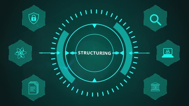 Structuring Data Interface with Circular Digital Organization System and Corporate Analytics Icons on Futuristic Technology Background