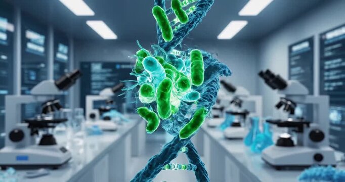 Colorful depiction of bacteria and DNA strands in a laboratory setting, showcasing scientific research