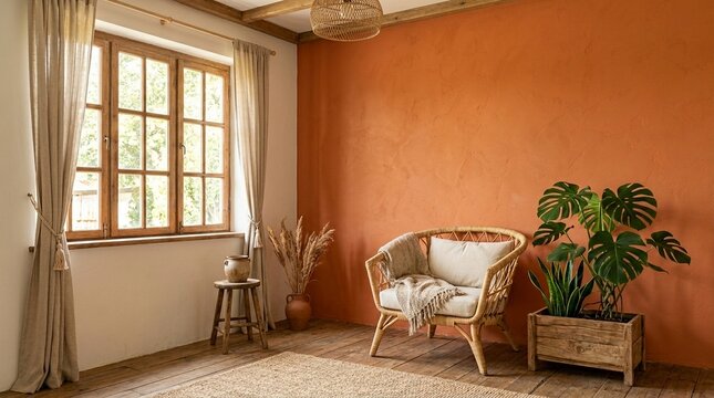 Empty Orange Wall Mockup in Boho Room Interior with Reed Chair and Wooden Planter. Natural Daylight From a Window. Promotion Background.