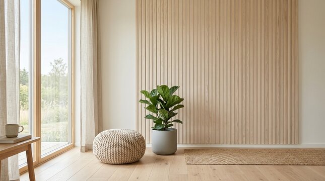 Empty Pale Wood Accents Wall Mockup in Scandinavian Interior with Pouf and a Minimalist Planter. Natural Daylight From a Window. Promotion Background.
