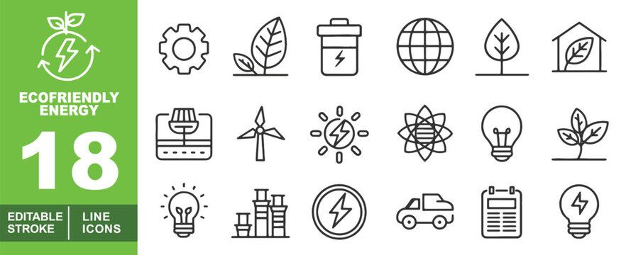 Ecofriendly Energy Line Icon Set. Gear, leaf, battery, globe, tree, house, panel, windmill, sun, atom, bulb, plant, factory, power, truck, clipboard, eco, green, nature, conservation.