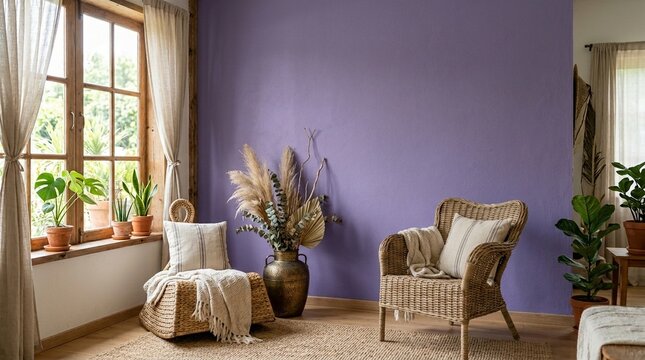 Empty Purple Wall Mockup in Boho Room Interior with Seagrass Chair and Metal Urn. Natural Daylight From a Window. Promotion Background.