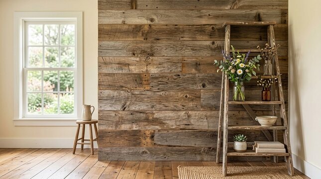 Empty Rustic Wood Accents Wall Mockup in Farmhouse Interior with Vintage Ladder Shelf and Jar Vases. Natural Daylight From a Window. Promotion Background.
