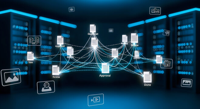 Digital workflow process illustration with document icons