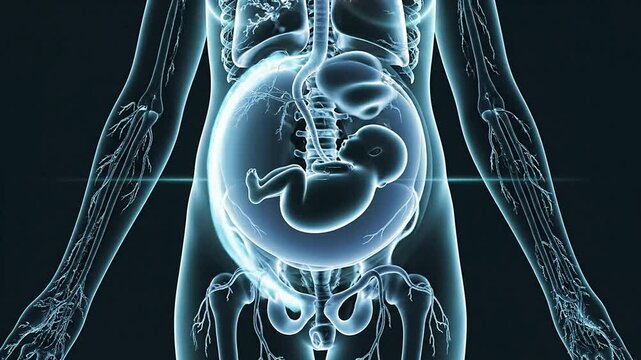 Detailed Holographic Representation of Pregnancy Anatomy Showcasing Uterus, Placenta, and Fetus in a Medical Visualization for Health Education and Training