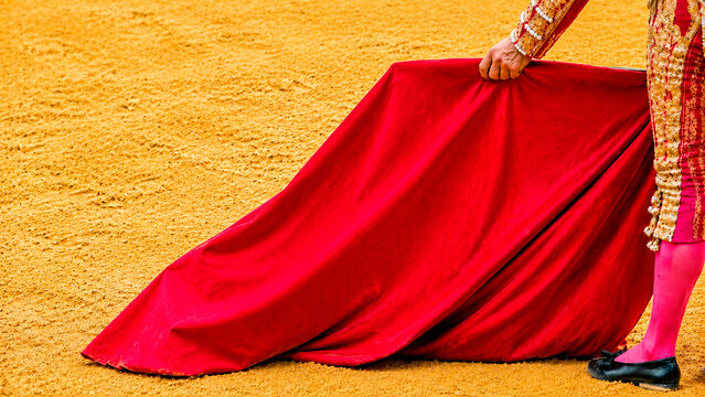 Close up of a matador holding a red cape in a bullring. Traditional Spanish bullfighter in an embroidered suit standing on yellow sand. Copy space for text