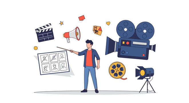 Filmmaking concept illustration with director and movie elements.