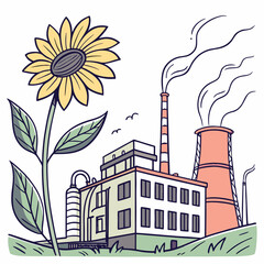 Obraz premium Large sunflower in front of a factory with smoking chimney, manufacturing plant