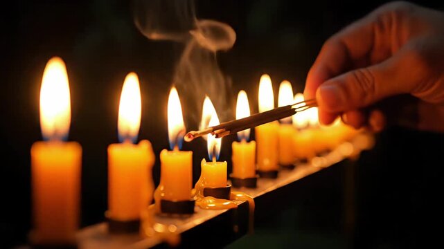 Hand lighting a candle from a row of lit candles in darkness