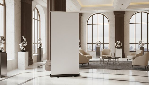 Pull up banner mockup stands in the lobby. Blank roll up poster stands in elegant hallway interior