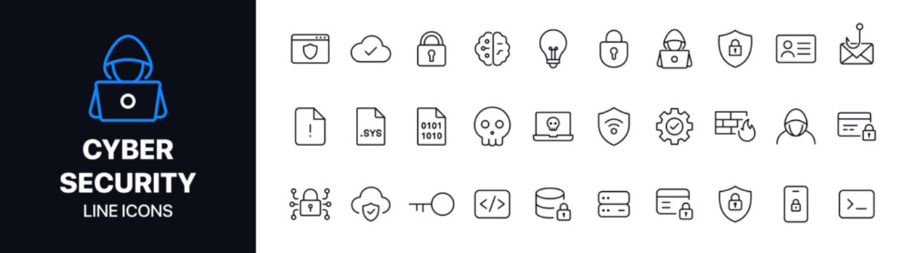 Cyber security line icons set featuring minimal vector symbols, modern outline style, and clean design. Perfect for apps, UI design, web security projects, tech interfaces, and digital branding.