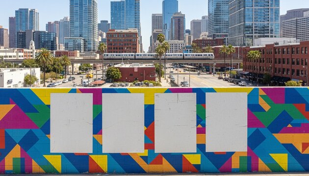 Vibrant urban setting featuring a colorful geometric wall and four wrinkled white poster templates for design mockups Dynamic city backdrop for creative presentations