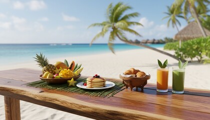 Obraz premium Wide Table top wooden bar on blurred beautiful beach scene background coconut leaf Breakfast product display mockup outside vacation summer day time Resort wood desk board on nature se