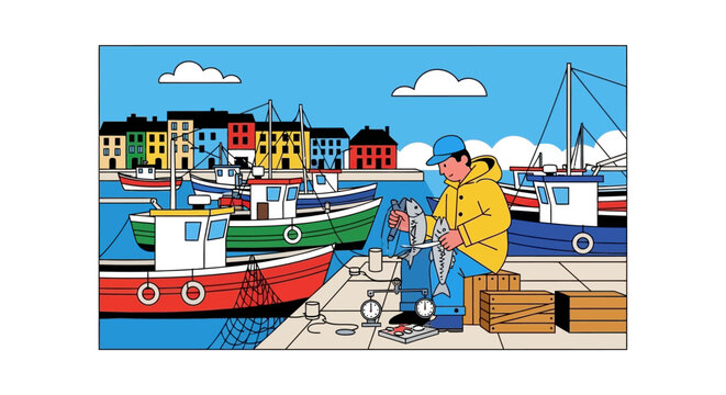 Fisherman in yellow jacket preparing fishing gear by the harbor.
