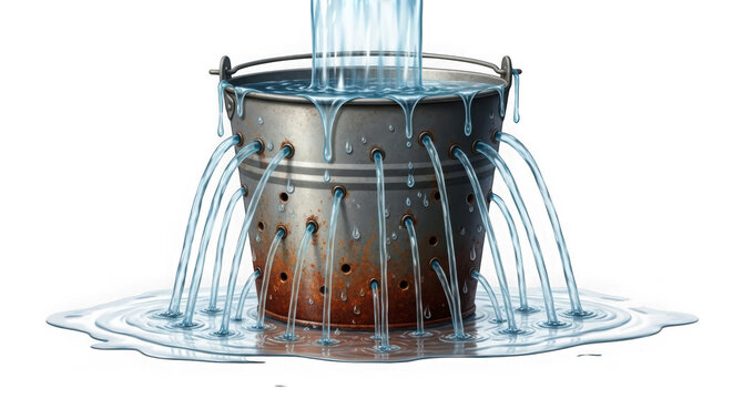 Leaking bucket with water pouring in isolated on transparent background