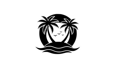 Tropical island silhouette with palm trees and sunset summer vacation vector icon © Nirendranath