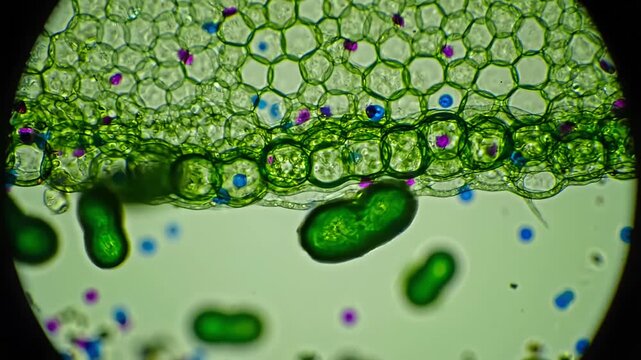 Microscopic view of plant cells and chloroplasts under magnification