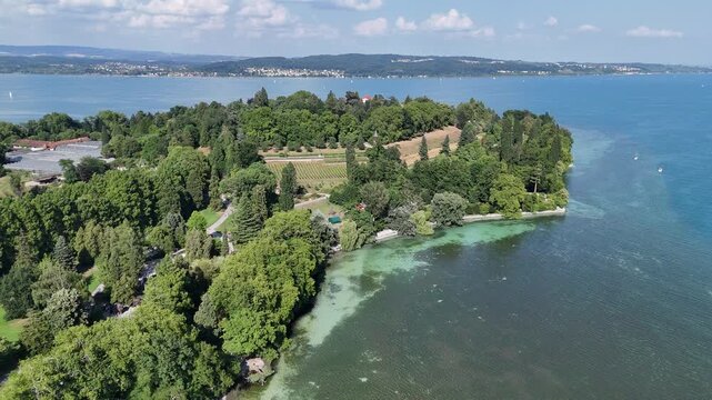 Panorama flight over Lake Constance (Bodensee) towards island Mainau near Konstanz, Germany