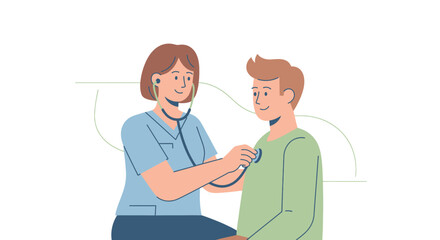 Obraz premium Medical professional listens to patient's heart with stethoscope in cartoon style