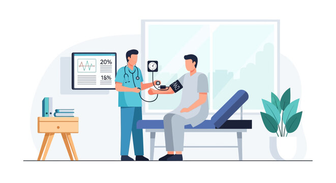 Medical professional taking patient's blood pressure in clinic