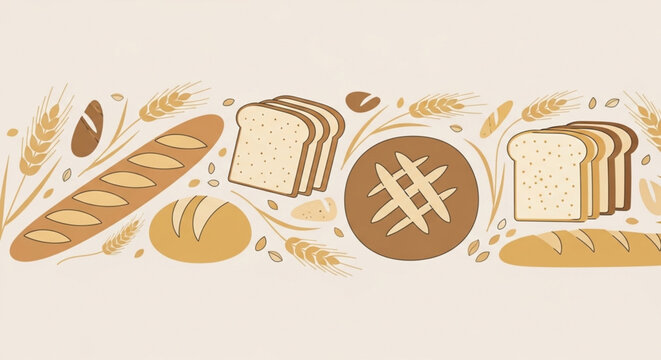 Flat Design Illustration Set of Various Bread Types with Wheat Stalks on Cream Background