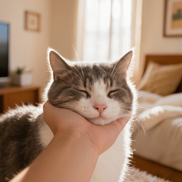 Content gray and white tabby cat with eyes closed enjoying gentle chin scratch from human owner hand in sunlit cozy bedroom, authentic pet affection moment, editorial cat photography