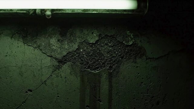 Gritty texture of a severely damaged concrete wall with dark cracks and dripping water, illuminated by a harsh fluorescent light, evoking a sense of urban decay and neglect