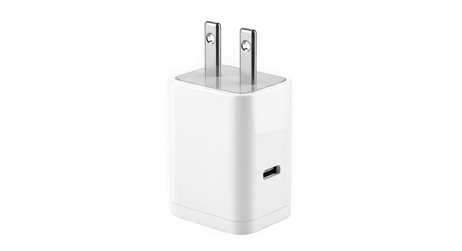 Modern white usbc power adapter for smartphone charging isolated on transparent background