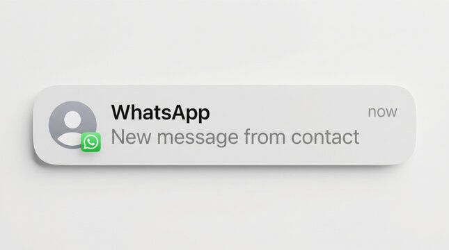 WhatsApp Messenger Notification Alert Banner. New Message from Contact Text Display on White Background. Mobile Application UI Mockup for Social Media Communication and Smartphone Interface.