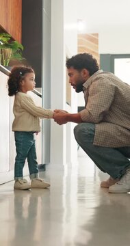 Talking, home and dad with child for rules, discipline and guidance for parenting in kitchen. Family, house and father with girl for conversation, speaking and discussion for learning and behavior