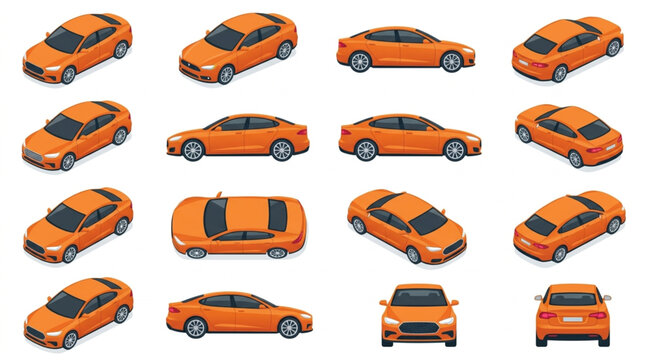 Collection of orange electric cars in isometric view.