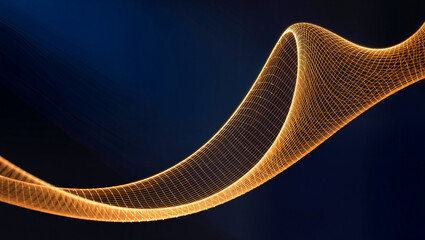 Abstract glowing orange wireframe wave mesh curve on dark blue gradient background, premium technology digital data flow concept, editorial B2B abstract background with copy space © Lumi Stock Studio