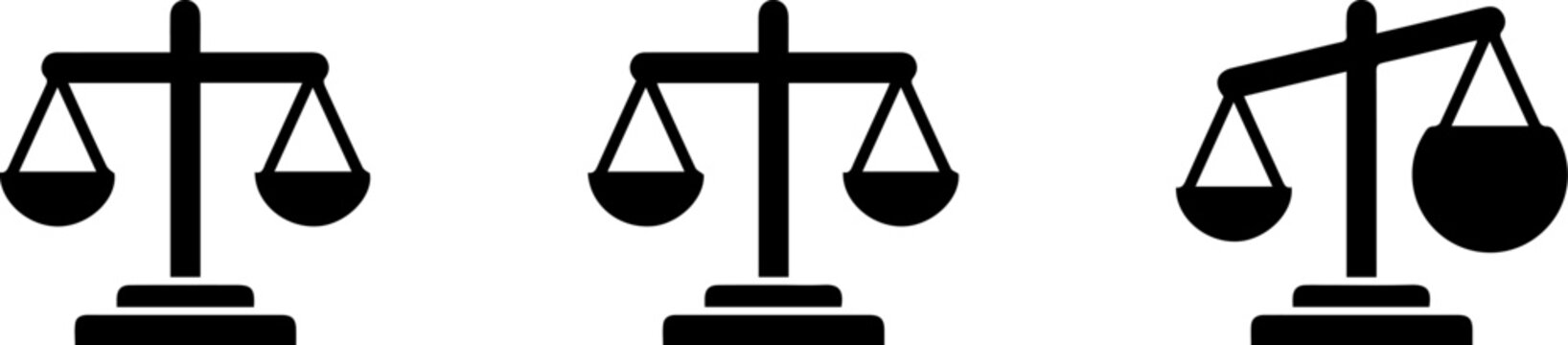 Black scale of justice icon set showing balanced and unbalanced weights isolated on white background for legal concept
