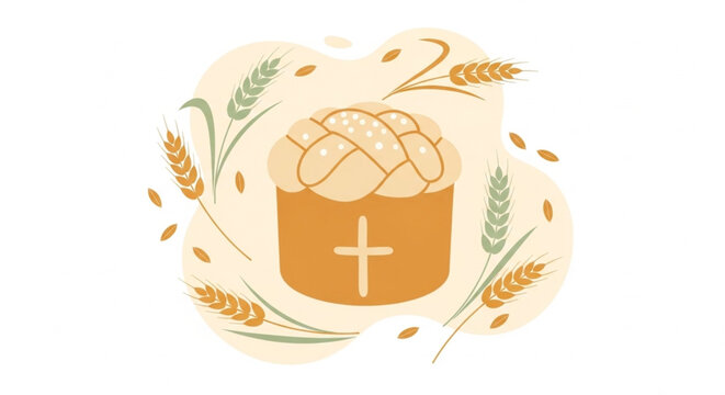 Flat Vector Illustration of Braided Easter Bread with Cross Symbol and Wheat Stalks on White Background