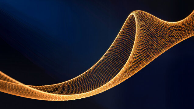 Abstract glowing orange wireframe wave mesh curve on dark blue gradient background, premium technology digital data flow concept, editorial B2B abstract background with copy space